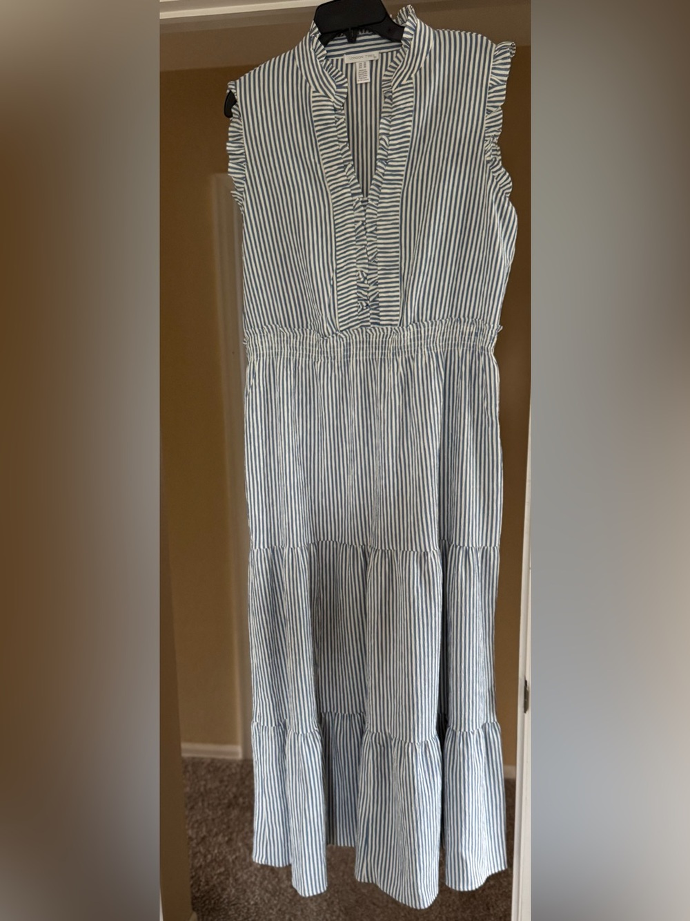 Seersucker Blue Striped Sleeveless Ruffle Midi Dress - NWT - Picture 1 of 6